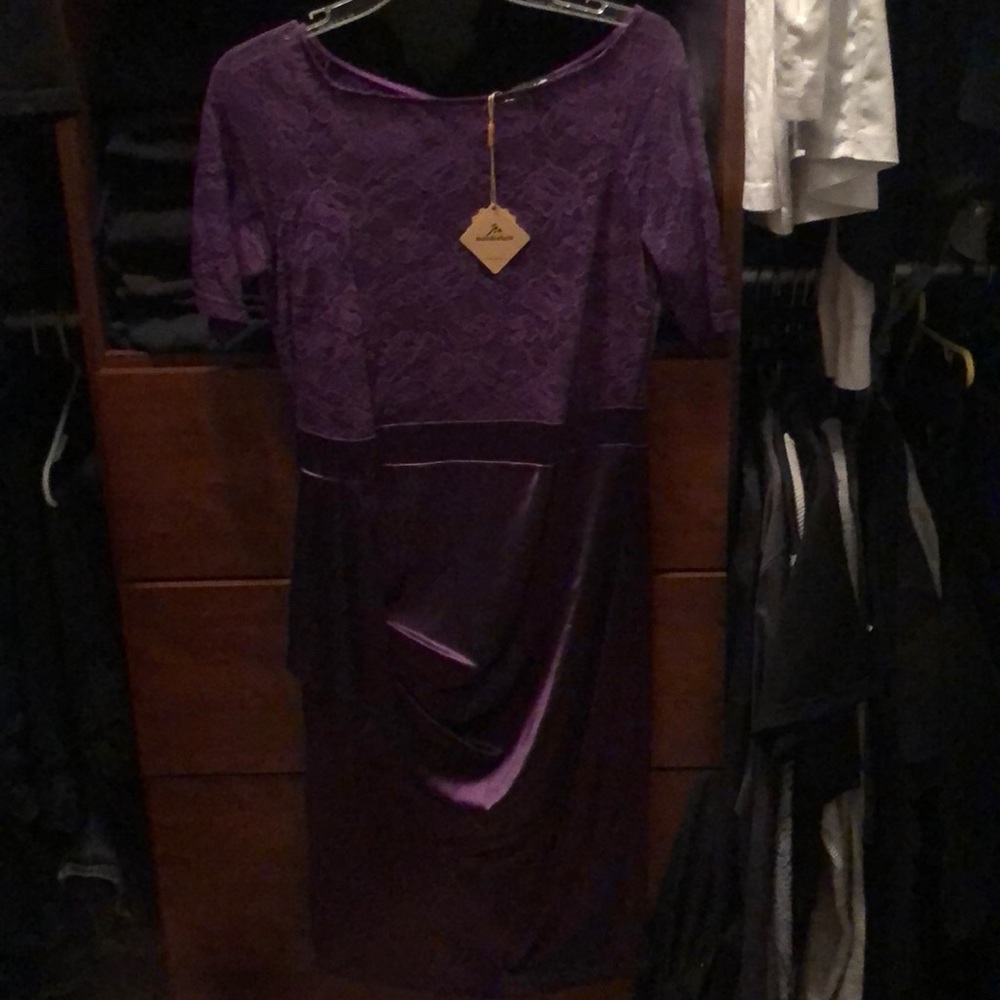 Purple cap sleeve lace and satin dress